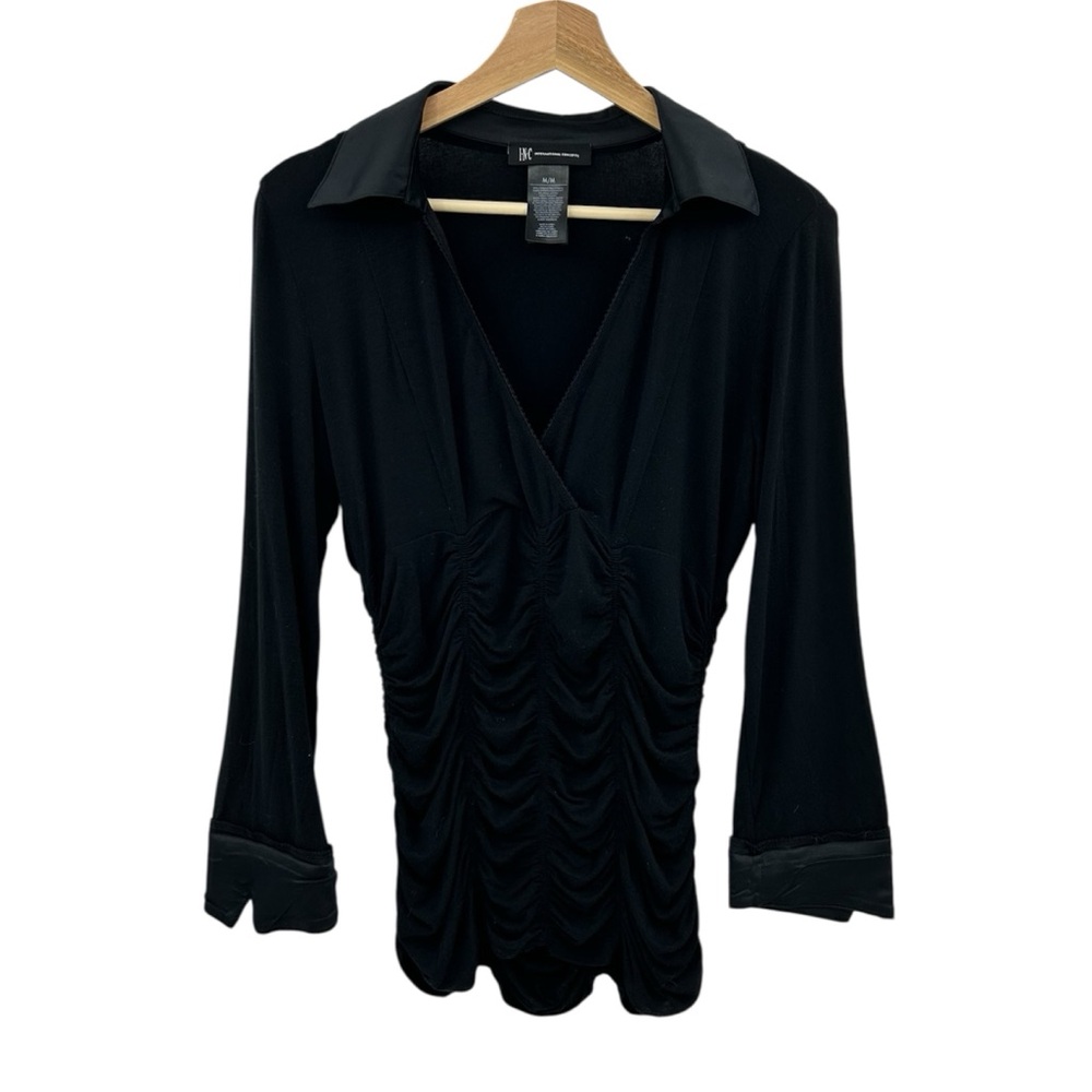 INC International Concepts Black Ruched Silky Bell Sleeves Blouse
